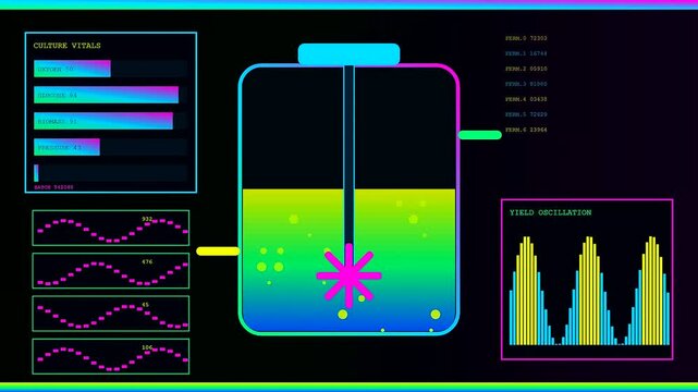 A digital virtual lab simulation displays three bio fermentation vats with glowing liquid columns and fluctuating waveform charts in a dark glowing computer interface screen layout
