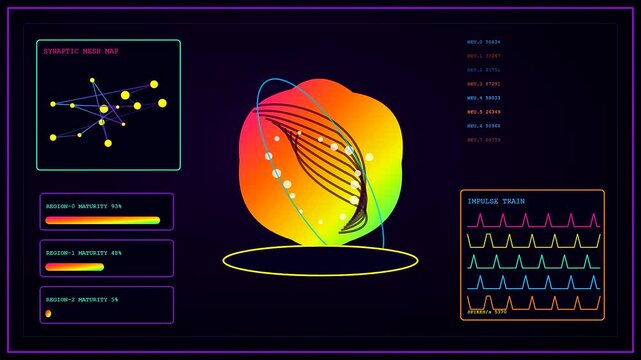 A digital virtual lab interface displays circular data nodes and complex glowing neural network mapping across multiple screens to illustrate analytical research in real time