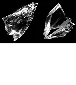 Glossy shattered glass pieces and transparent curved shards captured on a clean transparent background.