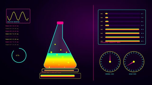 A digital virtual lab interface showing chemical reaction data with liquid filled flasks and animated charts flowing across three distinct panels in a dark room