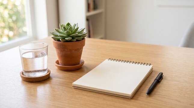 A minimalist workspace arrangement featuring a blank notepad and a small potted succulent plant