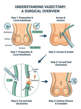 A clear and informative infographic detailing the steps involved in a vasectomy procedure, from preparation to incision closure. The diagram illustrates the anatomy and surgical techniques used