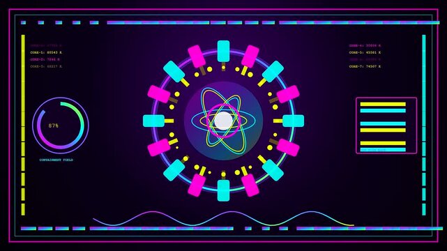 A digital virtual lab interface displays orbiting atomic particles with glowing neon circular sensors and shifting analytical data panels on a dark purple screen background