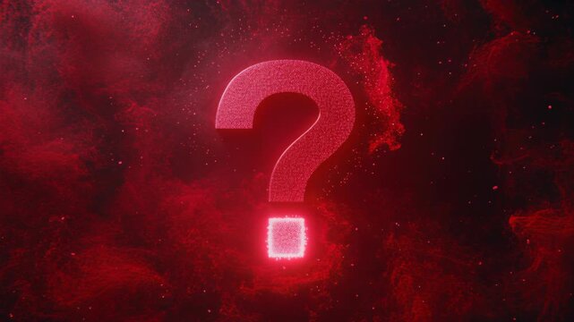 Enigmatic Red Nebula: A glowing red question mark, superimposed on a smoky, ethereal red nebula, evokes a sense of mystery and the unknown, sparking curiosity and intrigue.
