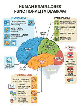Human brain lobes functionality diagram, detailing frontal, parietal, temporal, and occipital lobe functions. Scientific illustration with icons representing executive functions, motor control.