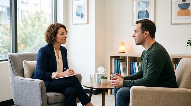Professional therapist listening to a male client during a private mental health counseling session