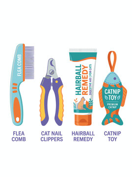 A set of pet grooming and care products for cats, including a flea comb, nail clippers, hairball remedy, and a catnip toy