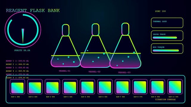 a virtual lab interface displays scientific data across three screens showing chemical vessel volumes with glowing neon liquid levels in a dark digital monitoring software environment