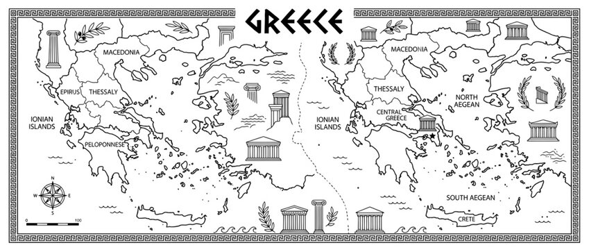 Hand-drawn map of Greece with ancient ruins and islands