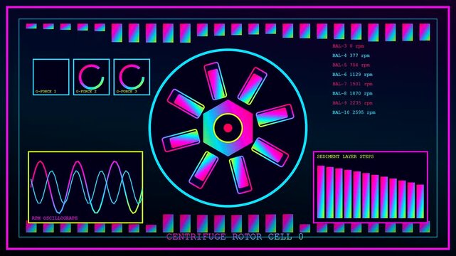 A digital virtual lab interface displays complex centrifuge rotor metrics with shifting neon color patterns and frequency data grids in this dynamic motion graphics animation sequence