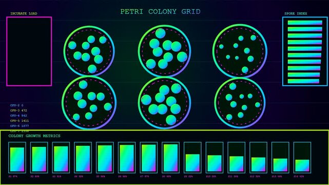 Digital displays showcasing a virtual lab interface with biological colony grid tracking patterns and colorful analytical charts for research monitoring in a dark modern monitoring system