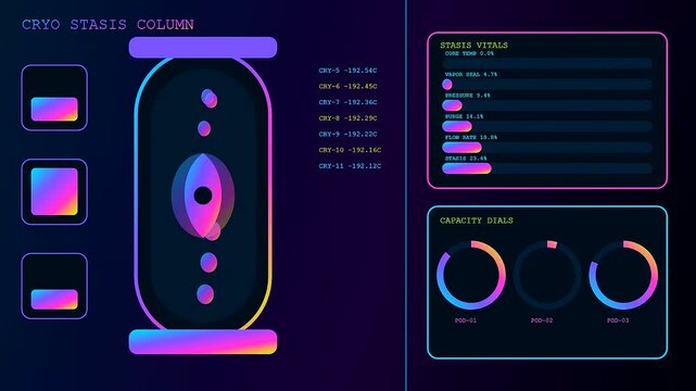 A futuristic virtual lab interface showcasing digital stasis pods with glowing gradient neon data displays and fluctuating circular graphs for medical research or simulated alien storage