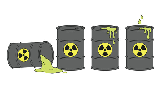 Four industrial barrels showing progressive stages of radioactive toxic waste leaking and spilling fluid.