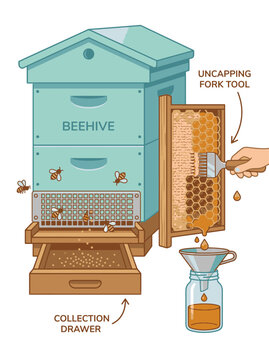 An illustration of a beehive with honeycombs and a collection drawer, depicting the process of harvesting honey. Bees are shown flying around the hive.