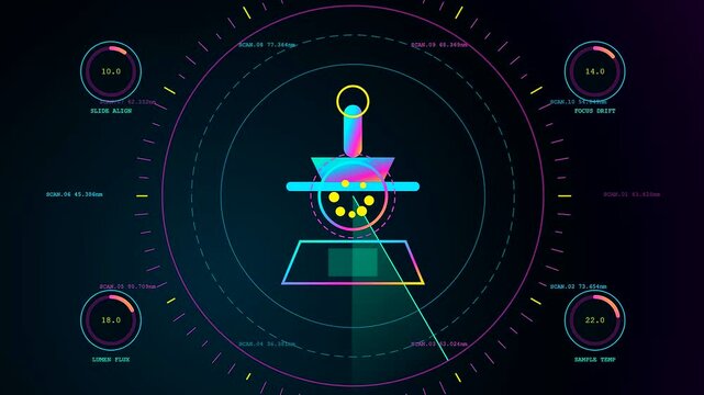 A vibrant virtual lab interface displays circular data gauges with glowing neon icons and scanning beam effects captured inside a digital scientific analysis environment
