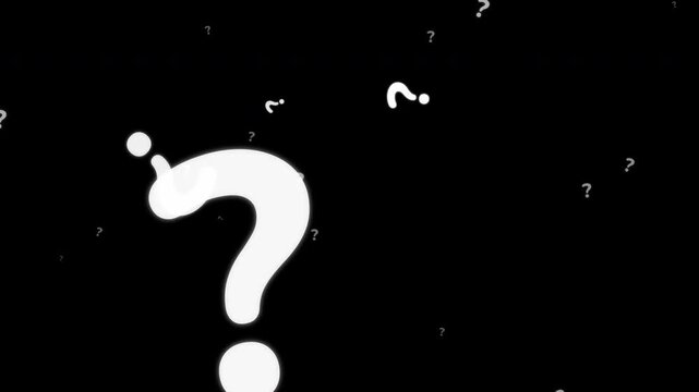 Seamless 10-second loop of intense white glowing question marks on a pure black background. Features giant hero particles that suddenly appear and recede deep into the dark void, creating a cinematic