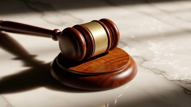 Wooden judge gavel on marble desk in courtroom law firm office, legal justice and judicial system concept