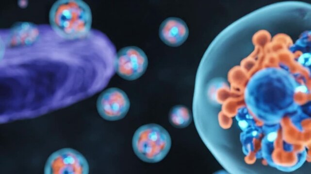 Microscopic cellular division and organelle interaction animation in 3D: biomedical science and biology concept