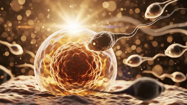 3D animation of sperm cells swimming toward an egg cell for fertilization in microscopic detail conception