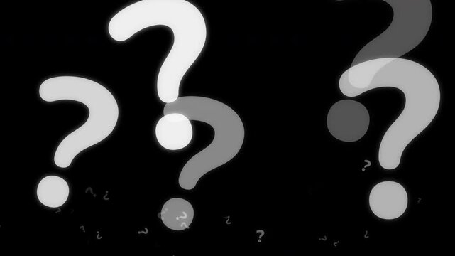 Seamless 10-second loop of ethereal white glowing question marks floating on a pure black background. Features cinematic depth of field with giant fading hero elements and organic floating ambient par