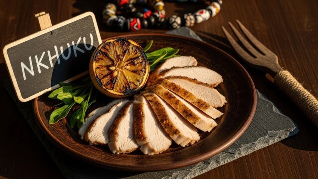 Sliced Nkhuku ya Pachikuka Local Roast Chicken on Earthenware Plate with Chalkboard Sign