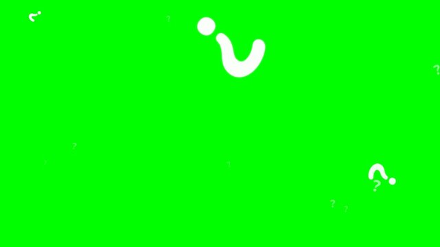 Seamless 10-second loop of white glowing question marks on a pure green screen. Features hero particles that suddenly appear and recede in a smooth, spiral trajectory into the background, paired with