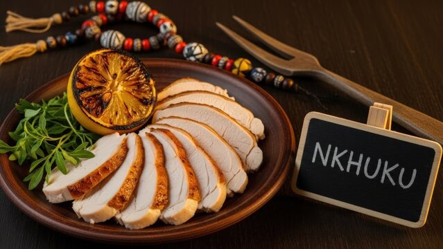 Sliced Nkhuku ya Pachikuka Local Roast Chicken on Earthenware Plate with Chalkboard Sign