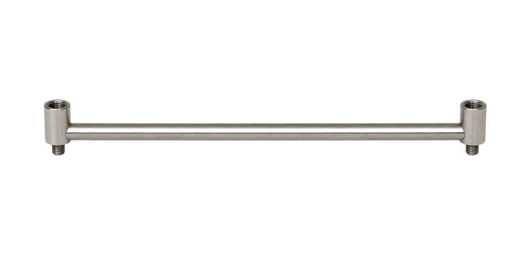 Shiny silver metal rod with threaded ends is centered horizontally on a clean white background, showcasing its industrial design