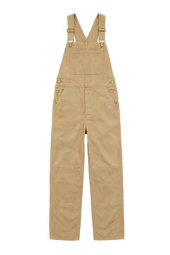 Full-length beige canvas work overalls with brass buckles and buttons, presented on a clean white background
