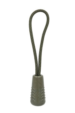 Single olive green paracord zipper pull with a textured plastic grip is captured in a studio shot on a clean white background