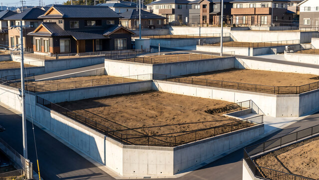 日差しを受けるコンクリート擁壁と柵で段状に区切られた宅地の一角に新築の和風住宅が建つ造成地