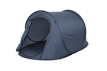 Dark blue pop-up camping tent with an open entrance is presented from a low-angle perspective on a clean white background © Chinases