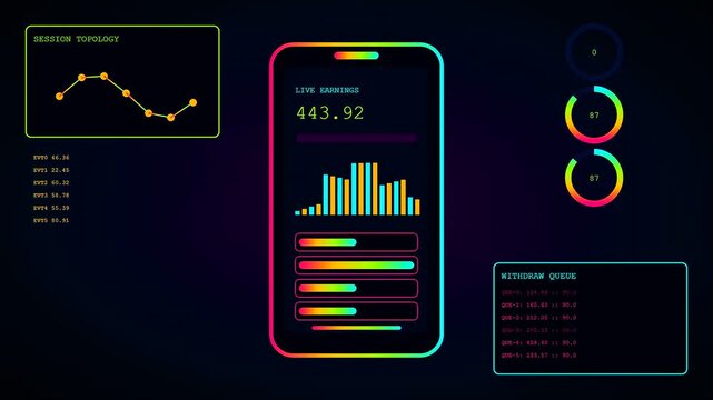 A vibrant wage stream digital interface displays colorful statistics on mobile screens featuring glowing neon financial charts and analytic bar graphs in a dark virtual environment