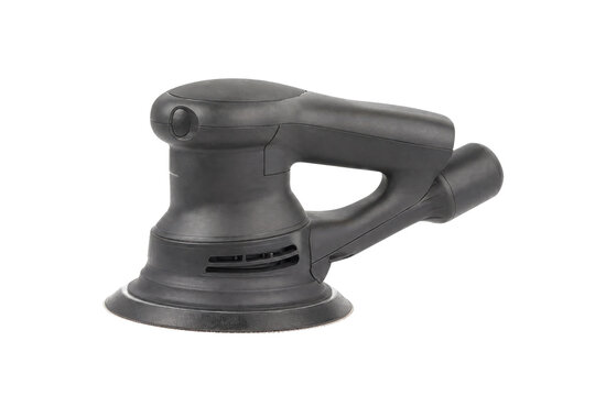 Black electric random orbital sander, a powerful woodworking tool, is captured in a studio shot on a clean white background