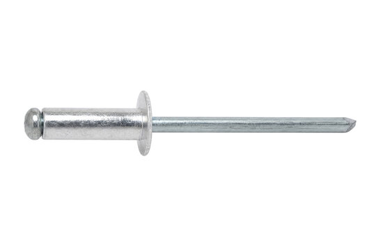 Single shiny silver blind rivet with a flat head and mandrel, isolated on a clean white background