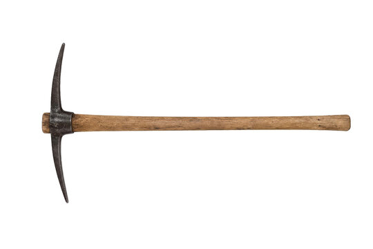 Old vintage pickaxe with a wooden handle and dark metal head is horizontally positioned on a clean white background