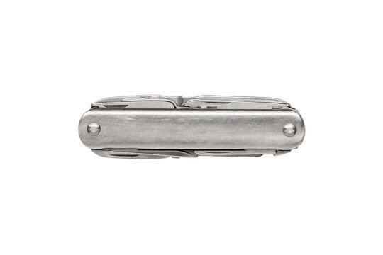 Sleek metallic multi-tool pocket knife with various folded blades and implements, presented horizontally on a clean white background