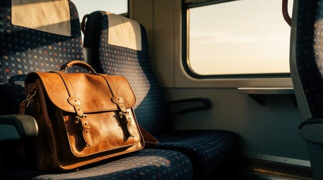 Brown leather briefcase sits on blue patterned train. Warm sunset light shines through window in railway carriage. Vintage style bag rests alone during solo travel journey commute. Empty passenger