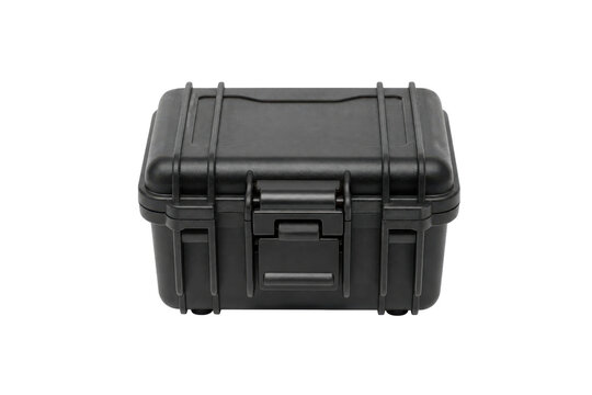 Sturdy black plastic hard case with a textured surface and secure latches is presented on a clean white background