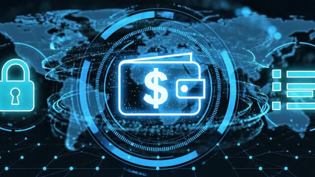 Digital wallet and cyber security animation featuring glowing hud icons and map background, for financial tech
