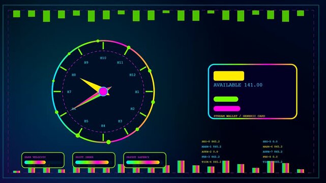 A wage stream display features glowing neon circular gauges showing fluctuating financial data values on a dark interface screen during a simulation of digital monetary flow