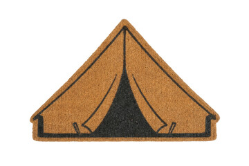 Brown coir doormat shaped like a camping tent with a black entrance, isolated on a white background © Chinases