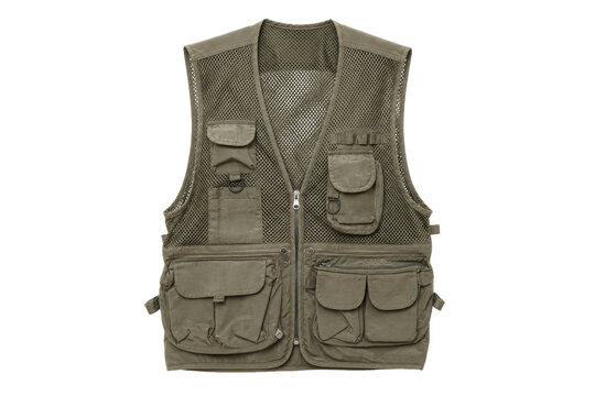 Khaki green mesh fishing vest with multiple pockets and zippers, photographed on a clean white background