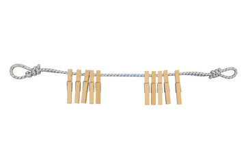 White and blue patterned rope with two loops at each end holds ten wooden clothespins against a clean white background © Chinases