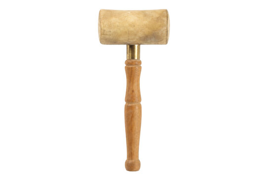 Classic light brown wooden mallet with a brass collar and a worn leather head, isolated on a clean white background