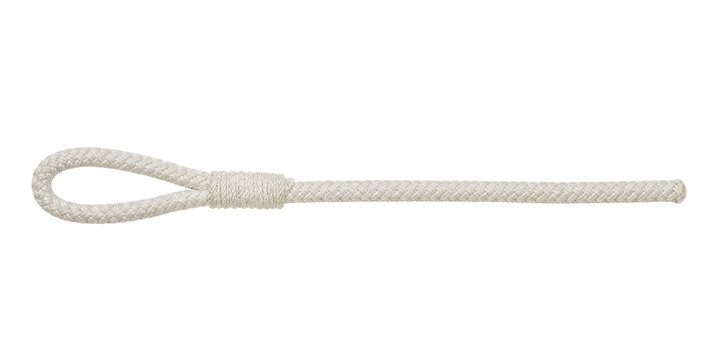 Single white braided rope with a neatly spliced eye loop at one end, presented horizontally on a clean white background