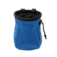 Vibrant blue climbing chalk bag with a black fleece lining and drawstring closure is isolated on a clean white background © Chinases