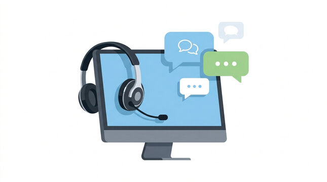 Customer support concept with computer monitor headset and chat bubbles for hotline service