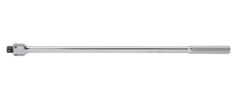 Shiny chrome breaker bar with a knurled handle is positioned horizontally on a clean white background