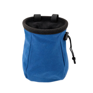 Vibrant blue climbing chalk bag with a black fleece lining and drawstring closure is isolated on a clean white background